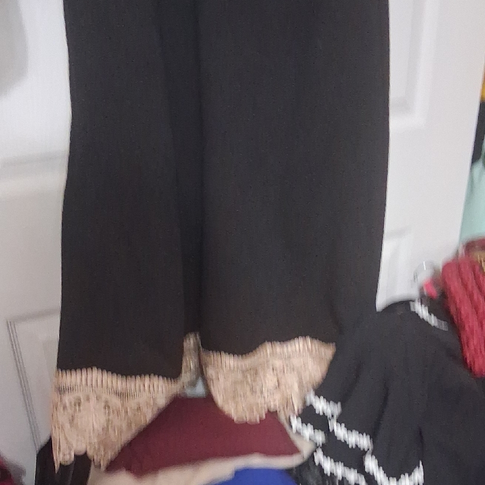 Black Wide-Leg Pants with Beige Lace Trim